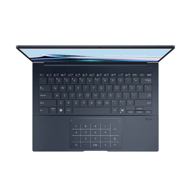 asus-zenbook-14-ai-pc-npu-performance Close-up of the ASUS Zenbook 14 keyboard and touchpad highlighting the dedicated AI Copilot key and ultra-smooth ErgoSense surface.