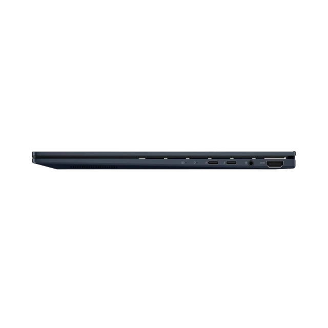 asus-zenbook-14-2026-ports-connectivity-guide Side view of the ASUS Zenbook 14 showing the full-size HDMI 2.1 port, dual Thunderbolt 4 USB-C ports, and the 3.5mm audio combo jack.