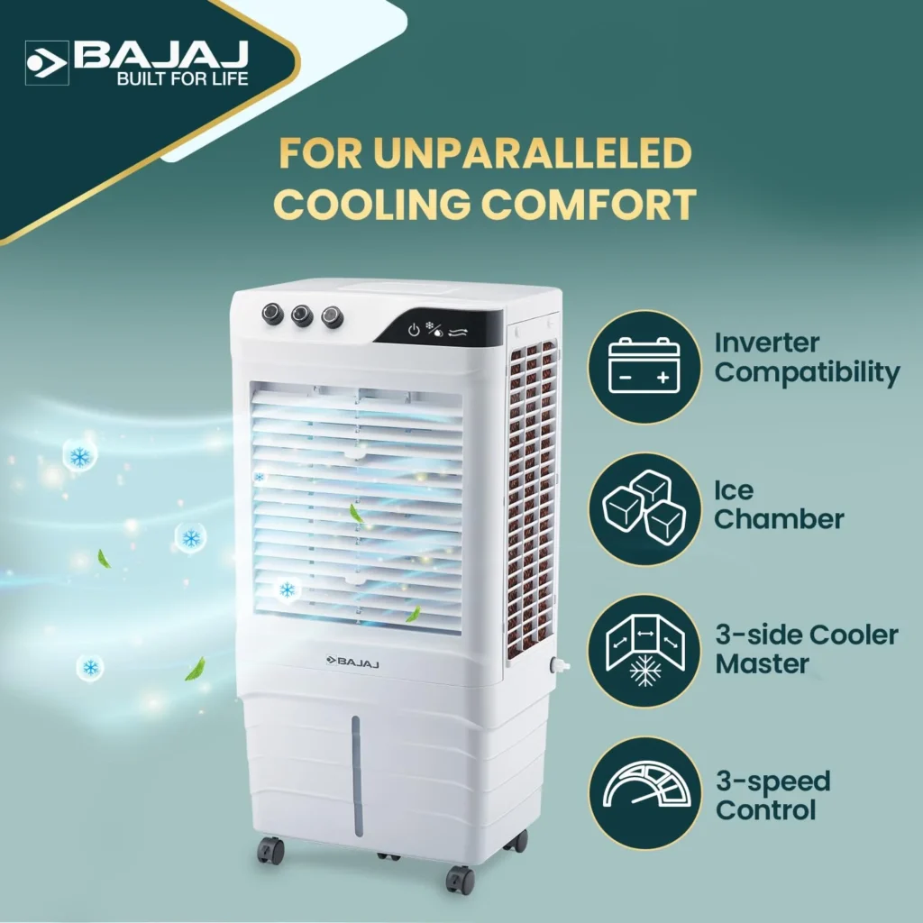 The white Bajaj DMH90 Neo air cooler, highly rated as the best air cooler in India for home inverter performance during power cuts.