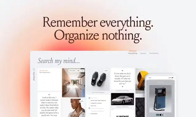 MyMind Private AI Creative Archive MyMind private digital library interface showing automatically sorted screenshots, tags, and visual inspiration notes.