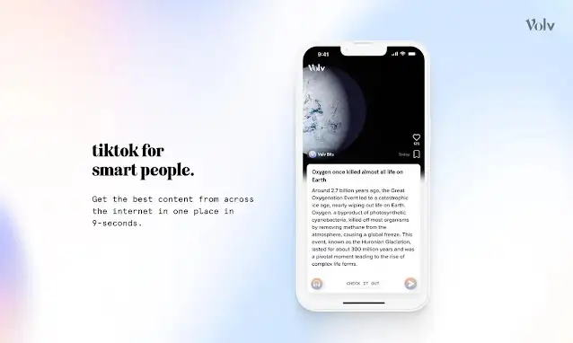 Volv AI-Powered Quick News Feed Volv mobile application user interface displaying minimalist 10-second smart news cards for quick reading.
