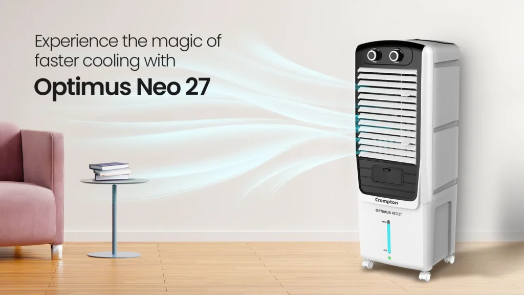 Sleek and space-saving Crompton Optimus Neo tower air cooler designed for modern Indian apartments and bedrooms.