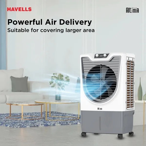 Havells Altima air cooler featuring dust filter nets and a low-noise fan design for quiet cooling.