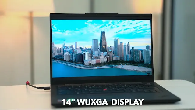 The 14-inch OLED display of the ThinkPad T14 showcasing high-contrast visuals and thin bezels. lenovo-thinkpad-t14-oled-display-vibrant-visuals