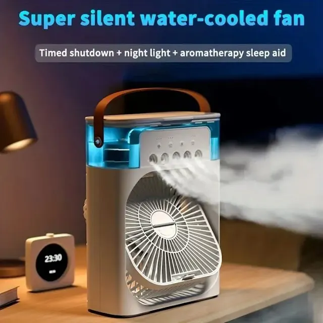 A mini cooler is a small, low-energy device that uses water or ice to cool the air through evaporation showing a mini cooler misting fan -Mini Cooler vs Portable AC