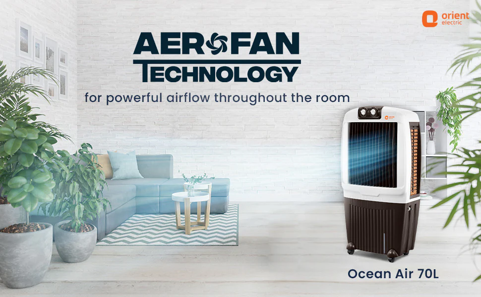 Orient Electric Ocean Air 70 Liter desert cooler with 3-side Densenest honeycomb pads, an affordable option for the best air cooler in India.
