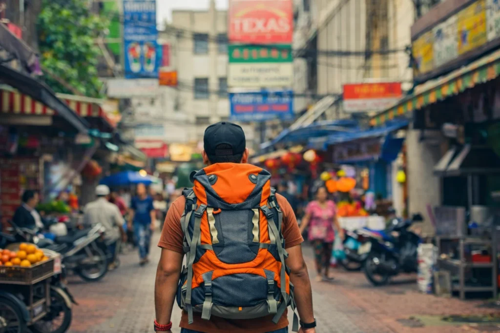 Solo Travel 2026 Market Exploration A traveler with a large orange backpack exploring a bustling local street market, capturing the essence of a solo travel 2026 adventure.