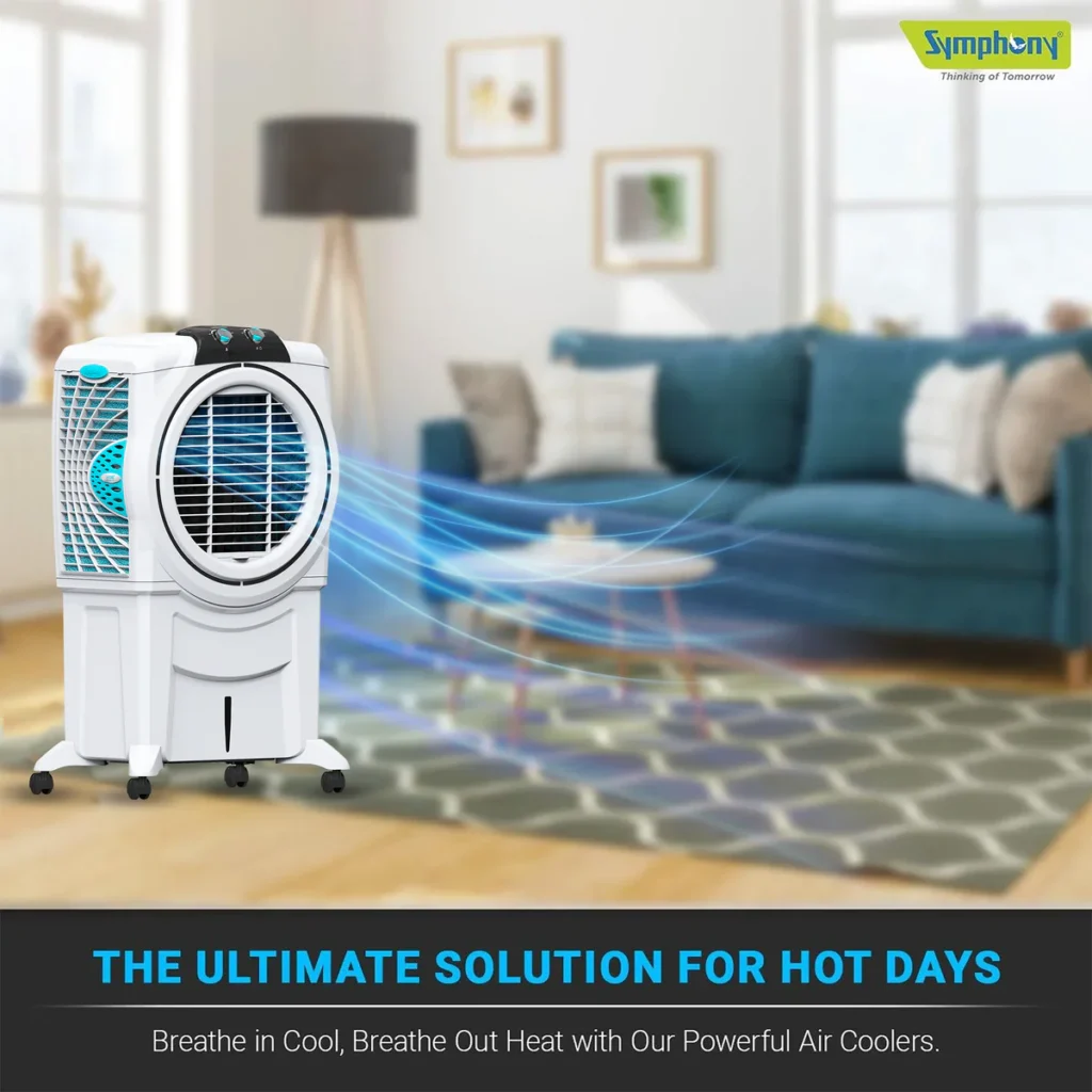 Front view of the Symphony Sumo 115 XL desert air cooler with high-density honeycomb pads, a top pick for the best air cooler in India.