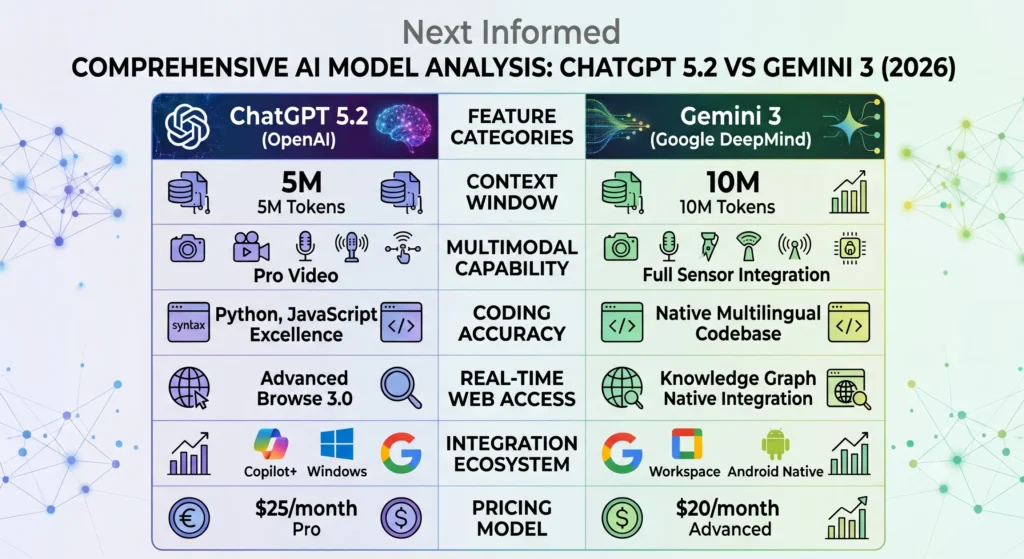 ChatGPT 5.2 vs Gemini 3 Core Feature Comparison Chart ChatGPT 5.2 vs Gemini 3 infographic comparing AI context windows, multimodal capabilities, coding accuracy, and web access features in 2026.