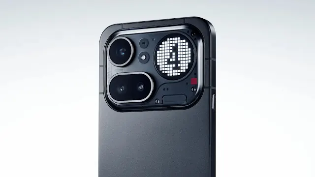 Nothing Phone 4a Pro Camera Module – 50MP Sony Sensor and 140x Ultra Zoom. Detailed view of the Nothing Phone 4a Pro triple camera setup featuring a 50MP Sony LYT700C sensor and a 3.5x periscope telephoto lens.