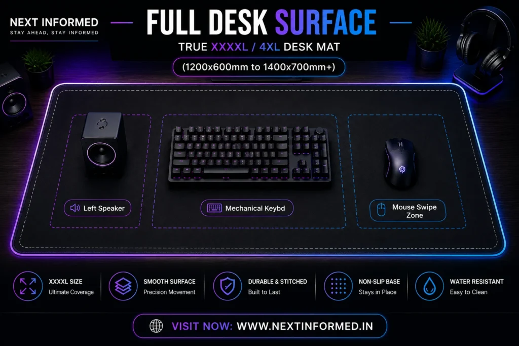 XXXXL mouse pads Infographic illustrating showing full desk srface of XXXXL mouse pads on a 1400mm desktop.