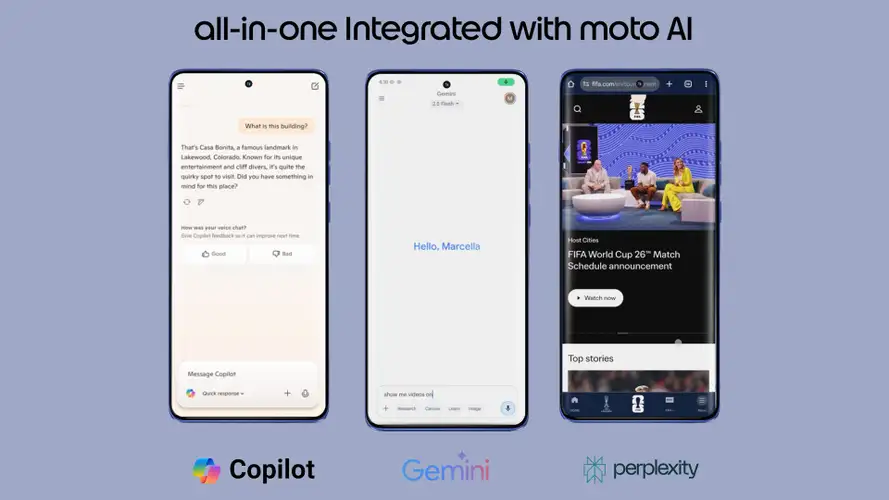moto-edge-70-fusion-hello-ui-moto-ai Screen view of Hello UI interface featuring moto ai smart search on the edge 70 fusion