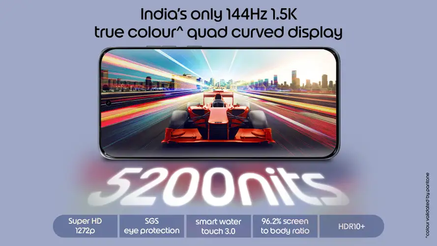 moto-edge-70-fusion-144hz-display Close-up of the moto edge 70 fusion quad-curved 144Hz AMOLED screen showing vibrant colors