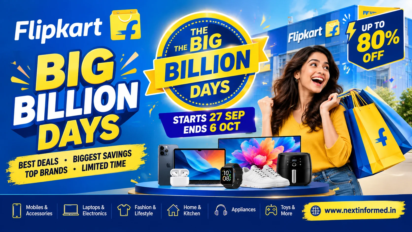 Flipkart Big Billion Days 2026 banner showing sale dates, bank offer discounts, and electronics deals.